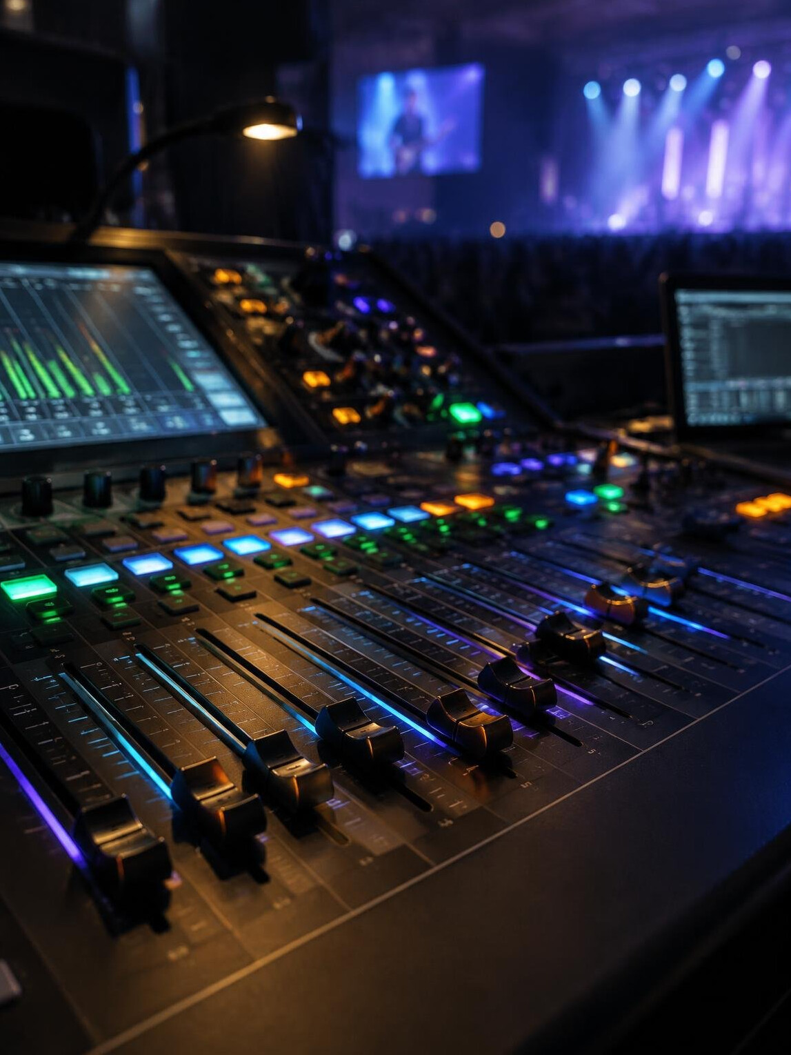 Mixing console and lights at a live event