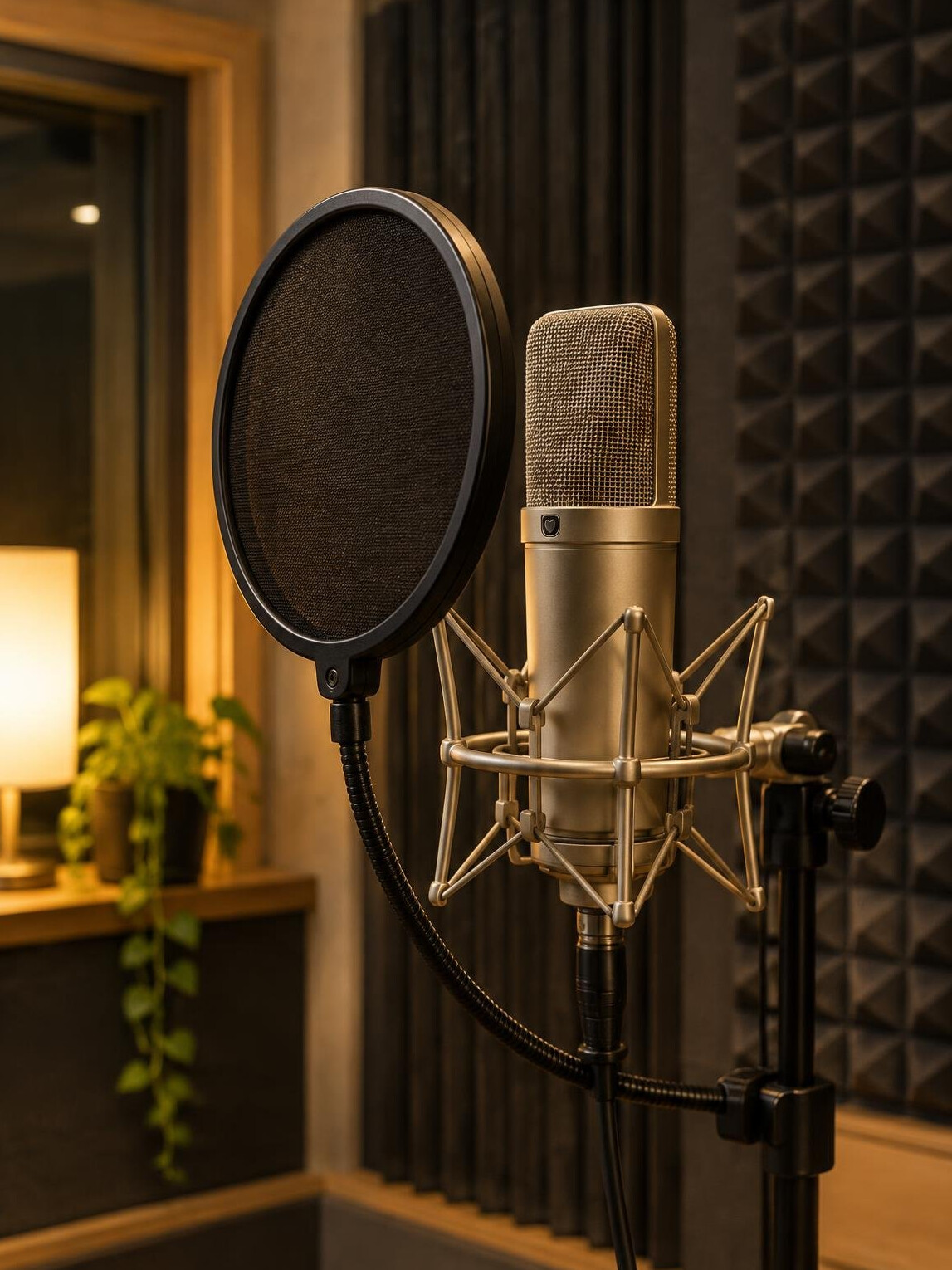 Studio microphone in front of acoustic panels