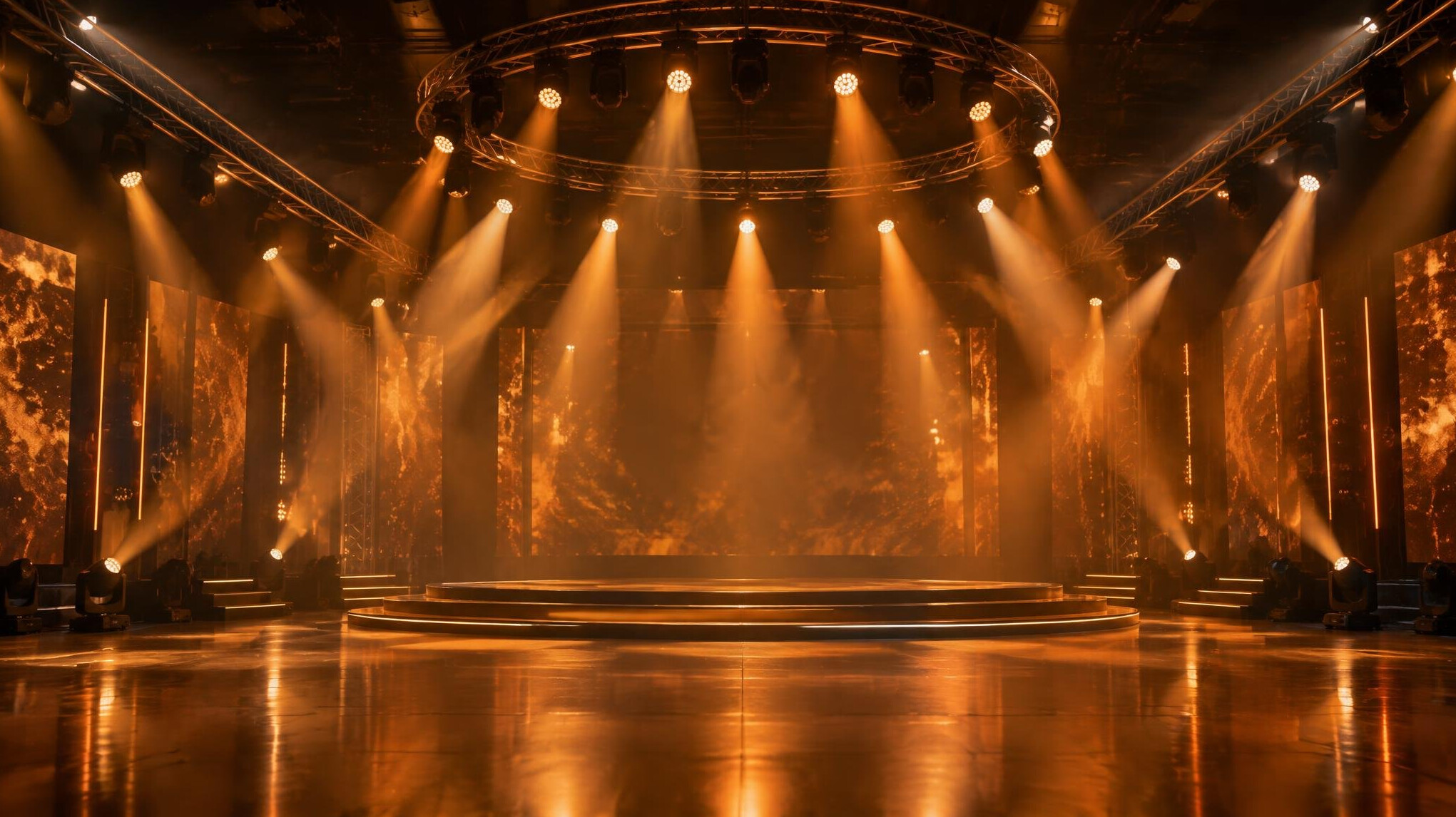 Stage with warm lighting rigs before an entertainment show